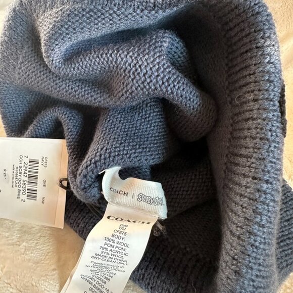 NWT! COACH CF875 Women Logo Wool Colorblocked Pom Pom Beanie In Navy - Picture 7 of 9